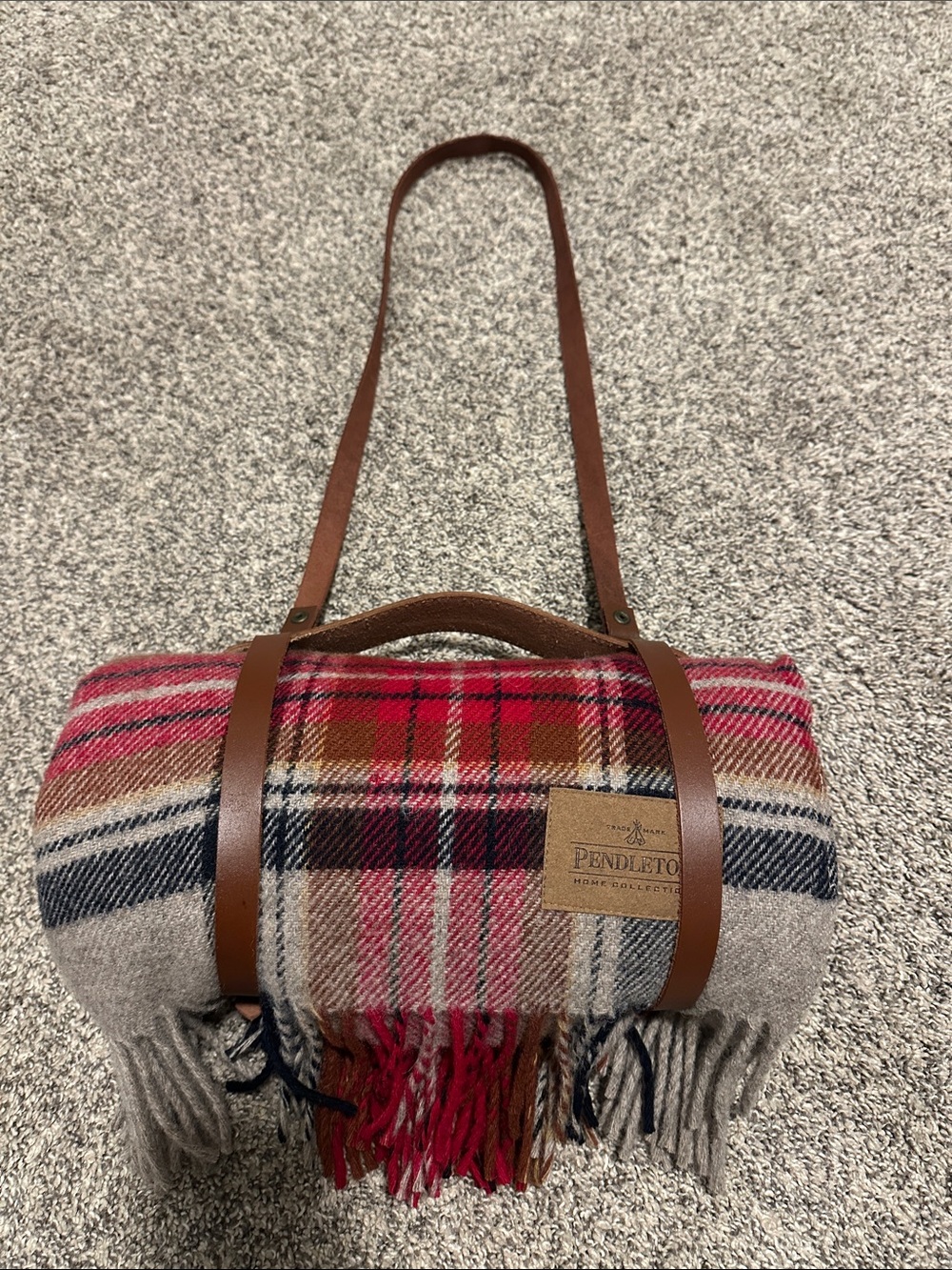 Pendleton Red Plaid Wool Sling Tote with Brown Leather Straps